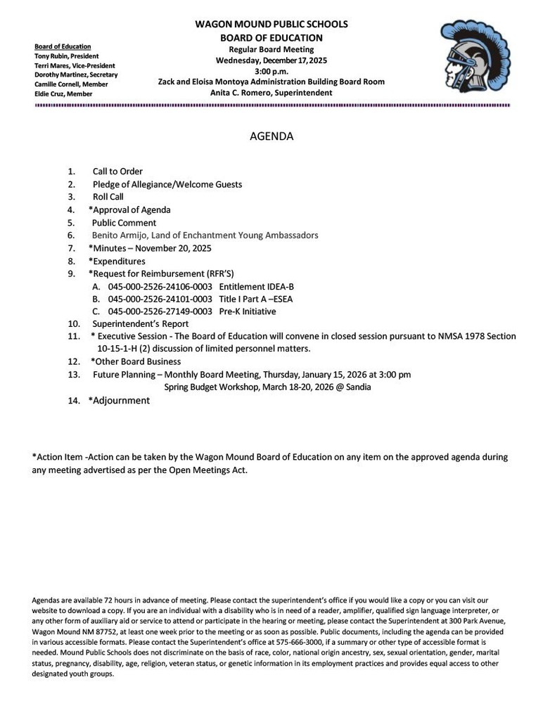 December 17, 2025 Board Meeting Agenda