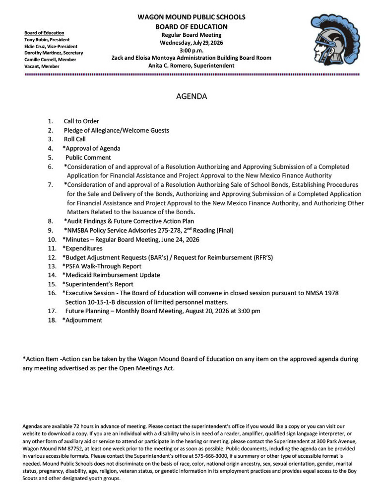 July Board Meeting Agenda 2026