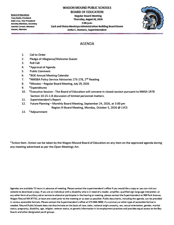 August 20, 2026 Board Meeting Agenda