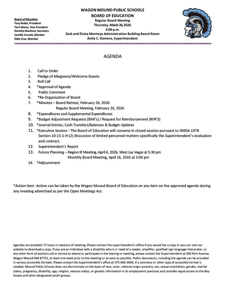 March 26, 2026 Board Meeting Agenda