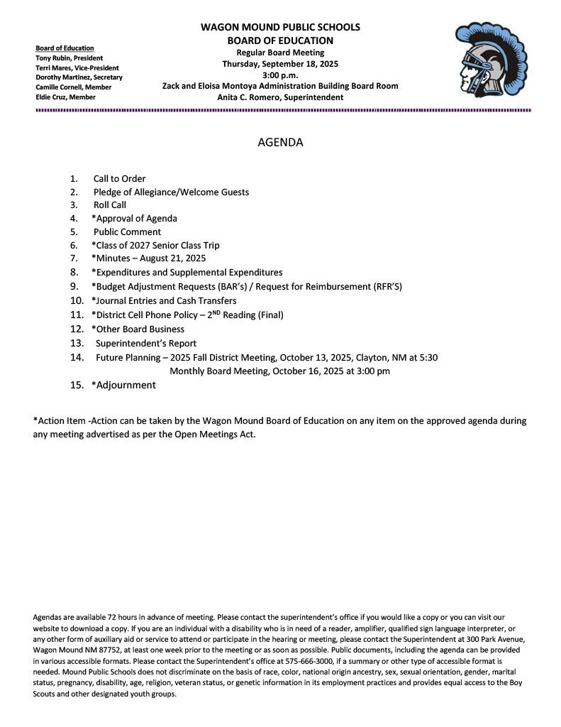September 18 2025 Board Agenda