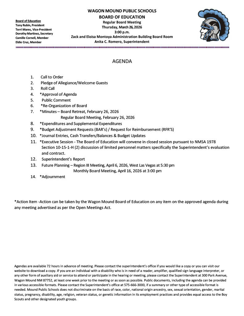 March 26, 2026 Board Meeting Agenda