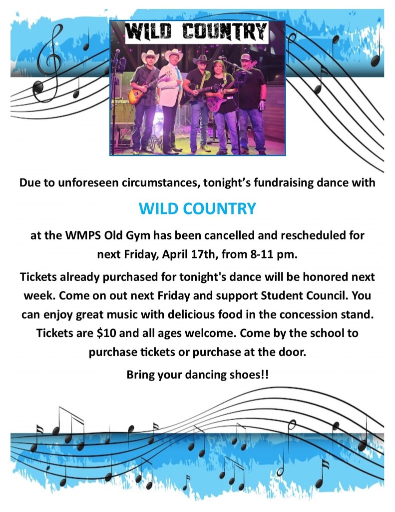 Dance tonight cancelled and re-scheduled.