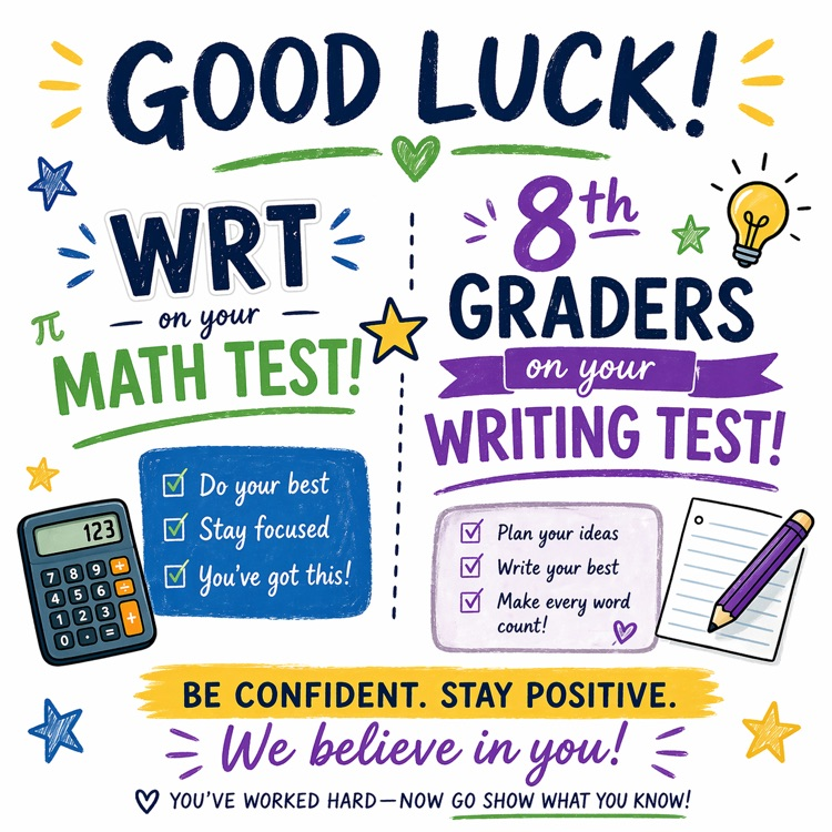 Goid luck tune WRT on their math test tomorrow and eighth graders on their writing test tomorrow