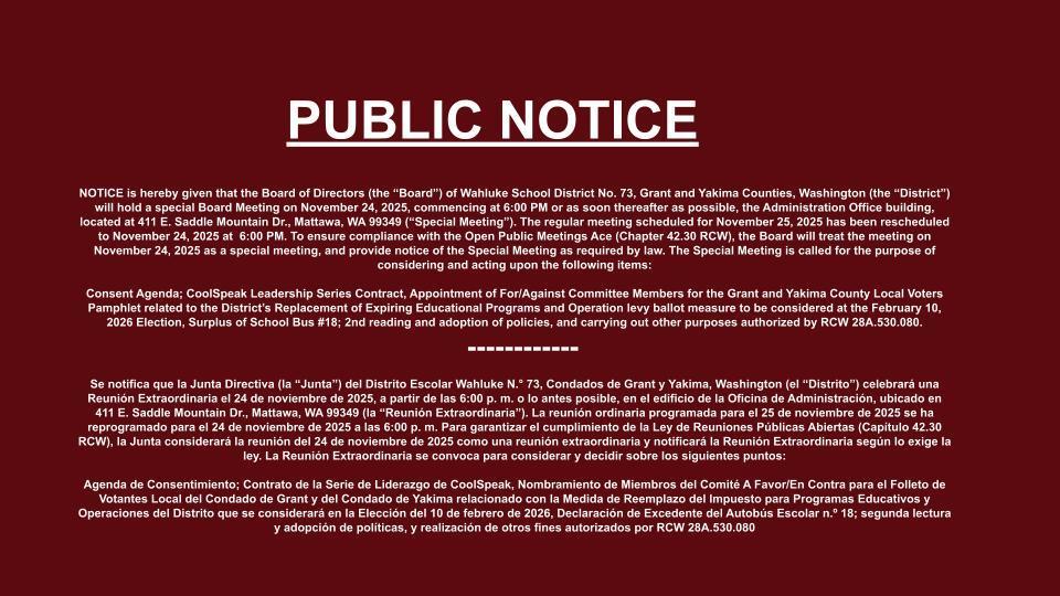 Special Board Meeting Public Notice