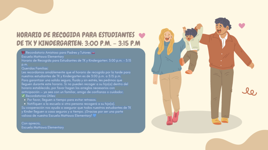 Horario de Recogida para Estudiantes de TK y Kindergarten