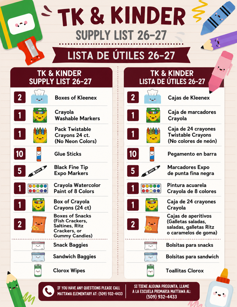 TK & Kinder Supply List 26-27