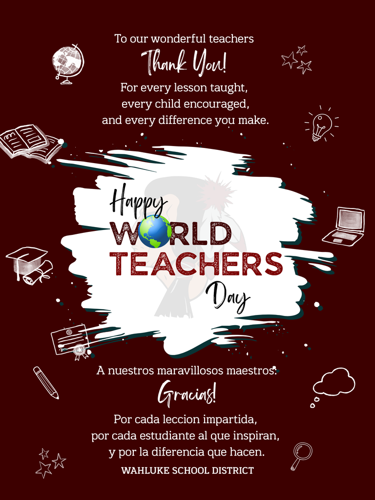 🍎 **Happy World Teachers’ Day!** 🌎📚 Today, we celebrate the incredible teachers who inspire, encourage, and support our students every single day. 💙💛 Thank you to our Wahluke educators for the dedication, patience, creativity, and heart you bring into your classrooms. The impact you make goes far beyond academics—you help our students grow, believe in themselves, and prepare for their futures. We are grateful for everything you do for our students, families, and Warrior community. ✨ **Happy World Teachers’ Day to our amazing Wahluke teachers!** ✨ #WorldTeachersDay #ThankATeacher #WahlukeWarriors #WahlukePride