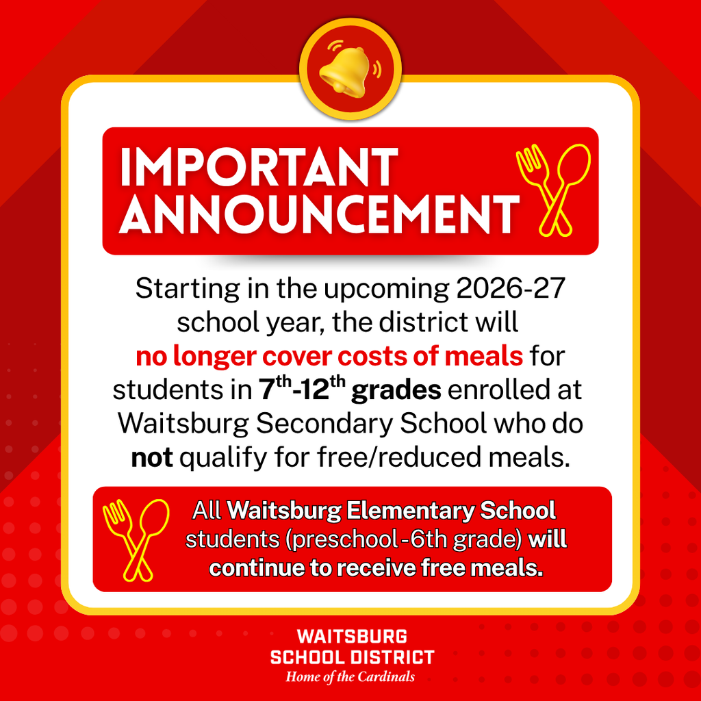Important Announcement graphic with information on change to meal costs for secondary students
