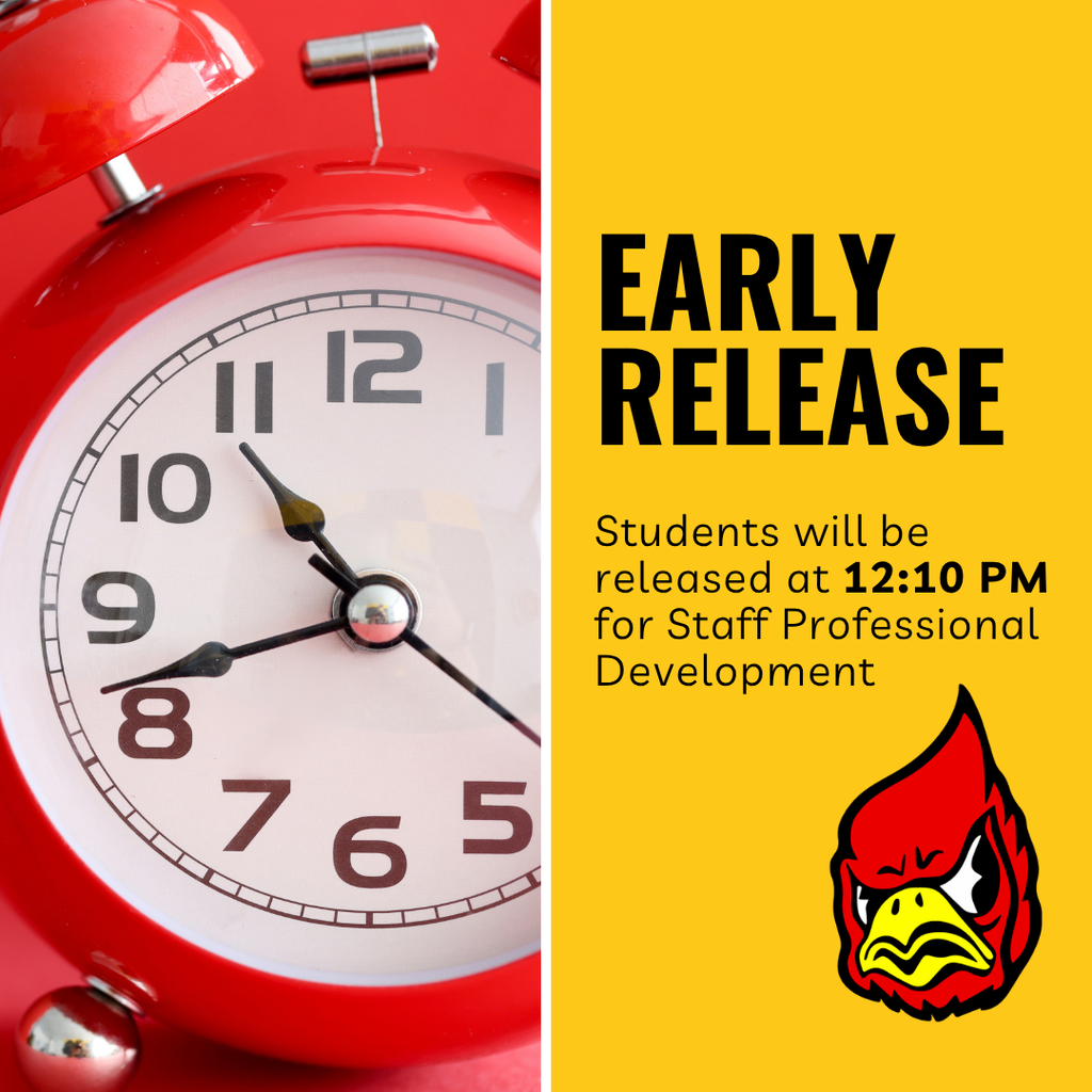Early Release, Students will be released at 12:10 pm for Staff Professional Development. Photo of Clock with WSD logo