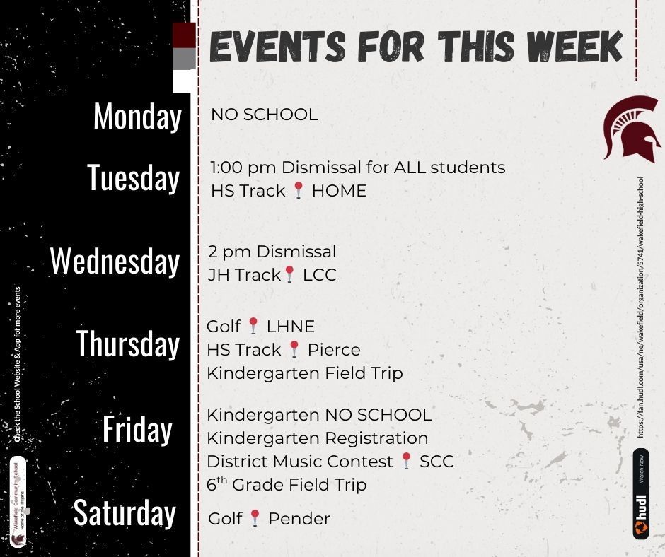 Graphic that gives the weekly events for April 20-26 for Wakefield Community Schools