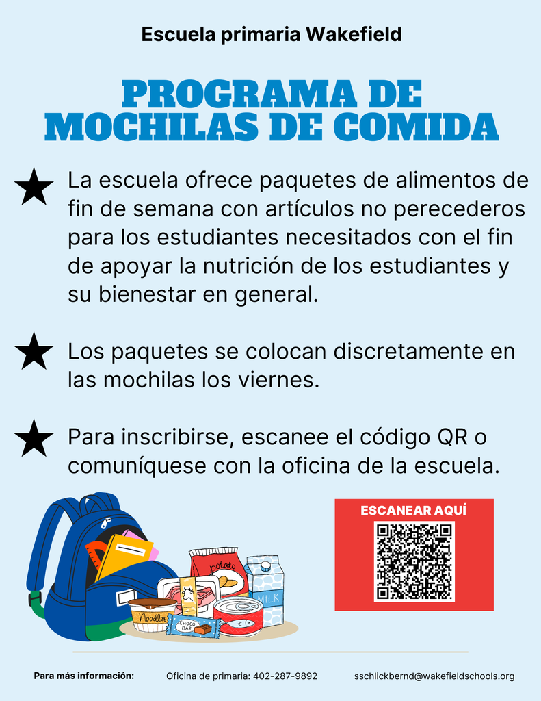 Backpack Program   Students in grades PK-6. Link https://forms.gle/28M6x8P1J9BSnx7B8