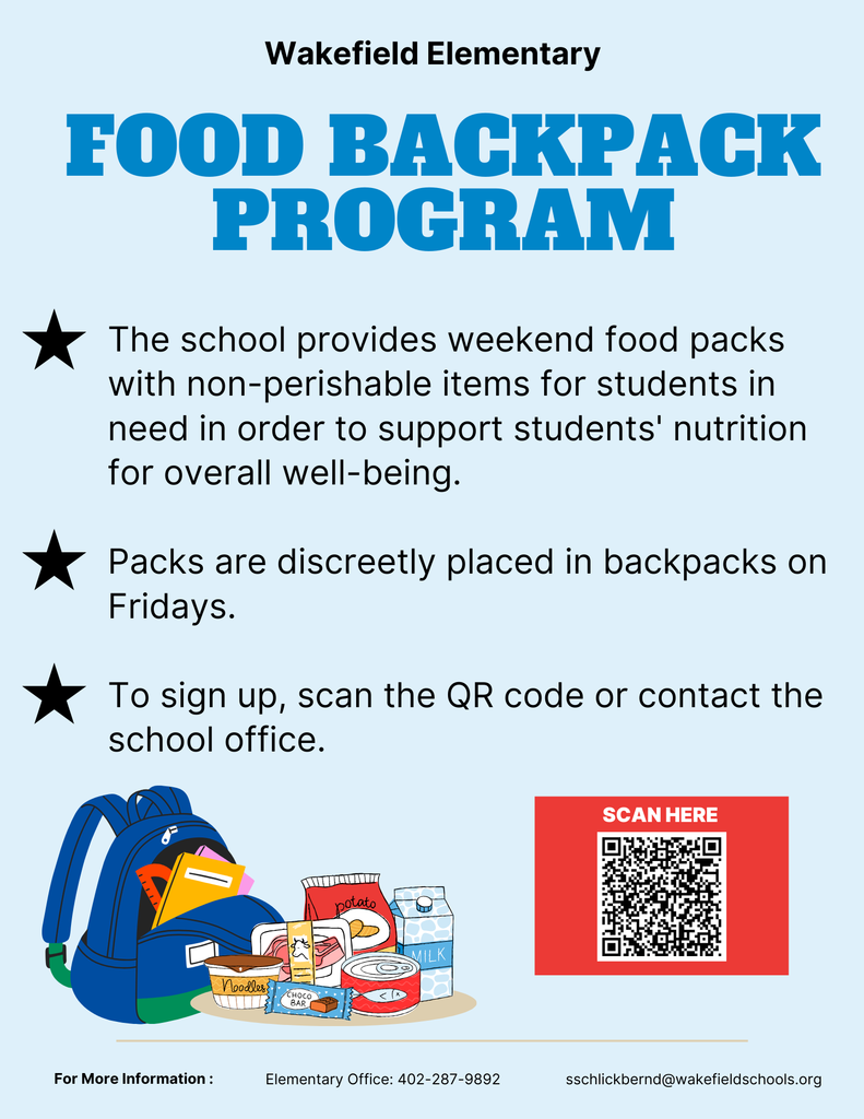 Backpack Program   Students in grades PK-6. Link https://forms.gle/28M6x8P1J9BSnx7B8