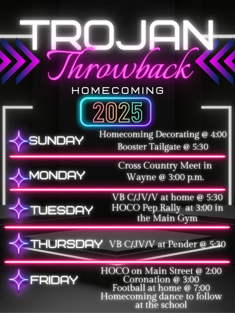 🎉 Homecoming Week is HERE! 🎉 Theme: Throwback 🕺💿 Check out the lineup of activities each day and get ready to rep your favorite throwback style all week long! #TrojanPride #Homecoming  Additional Events  Monday: JH Football📍HOME Tuesday: JH Volleyball📍 HOME