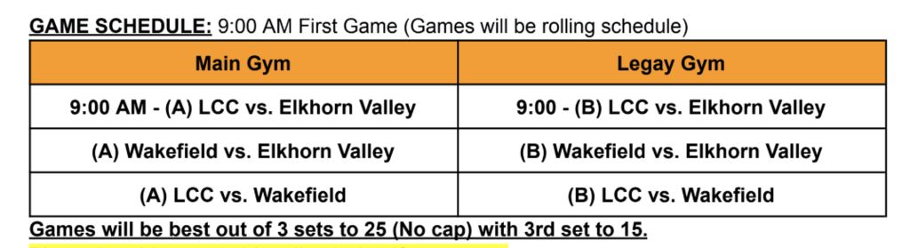 JH Volleyball Schedule for LCC
