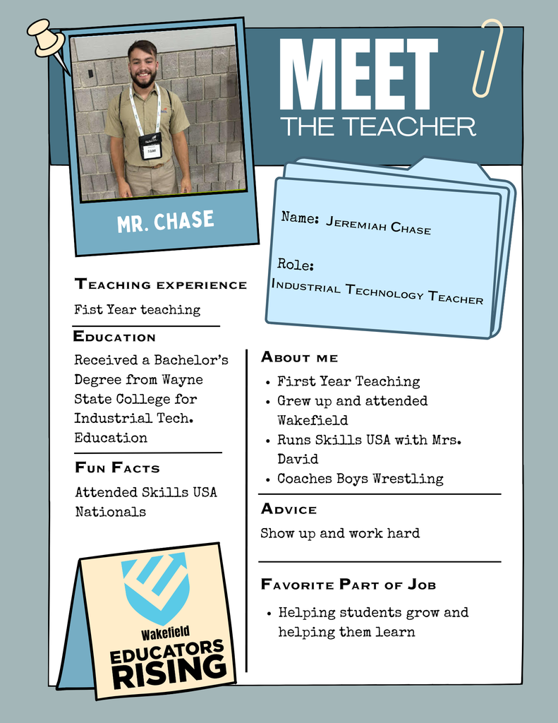 Educators Rising will spotlight a teacher each month, and we're excited to highlight our new staff member and Wakefield alumni, Mr. Chase! Welcome back to Wakefield, we're proud to have you on our team! 