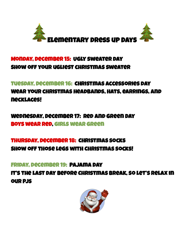 Elementary Christmas Dress Up Days