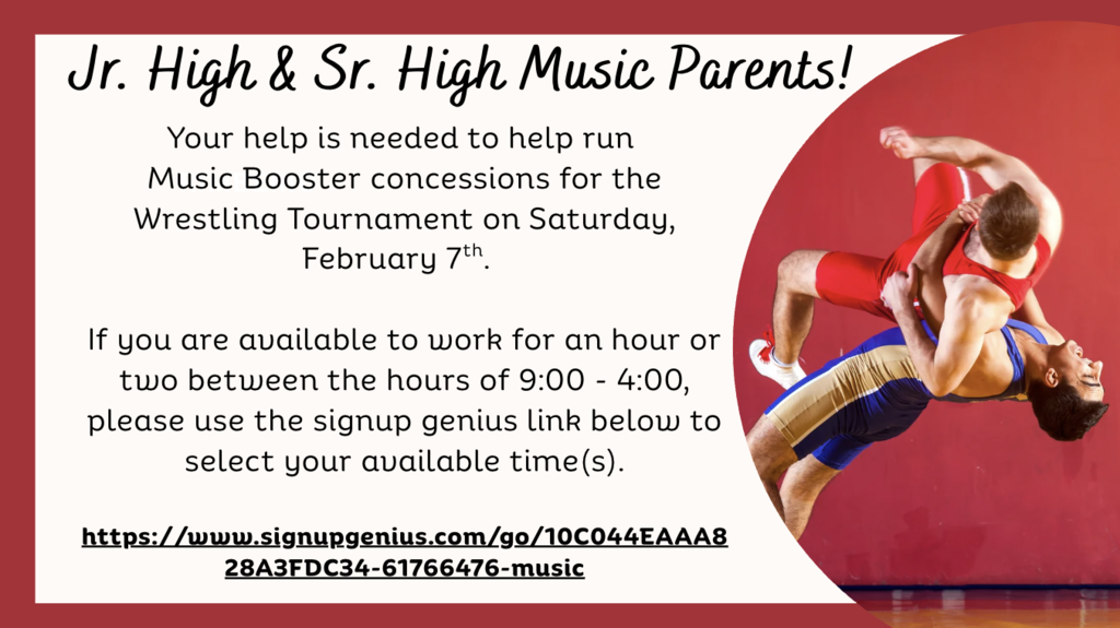 Music Parents!! Please help, even if you can work for only an hour. Any and all help would be appreciated and make this day run smoothly! Sign up link is: https://www.signupgenius.com/go/10C044EAAA828A3FDC34-61766476-music