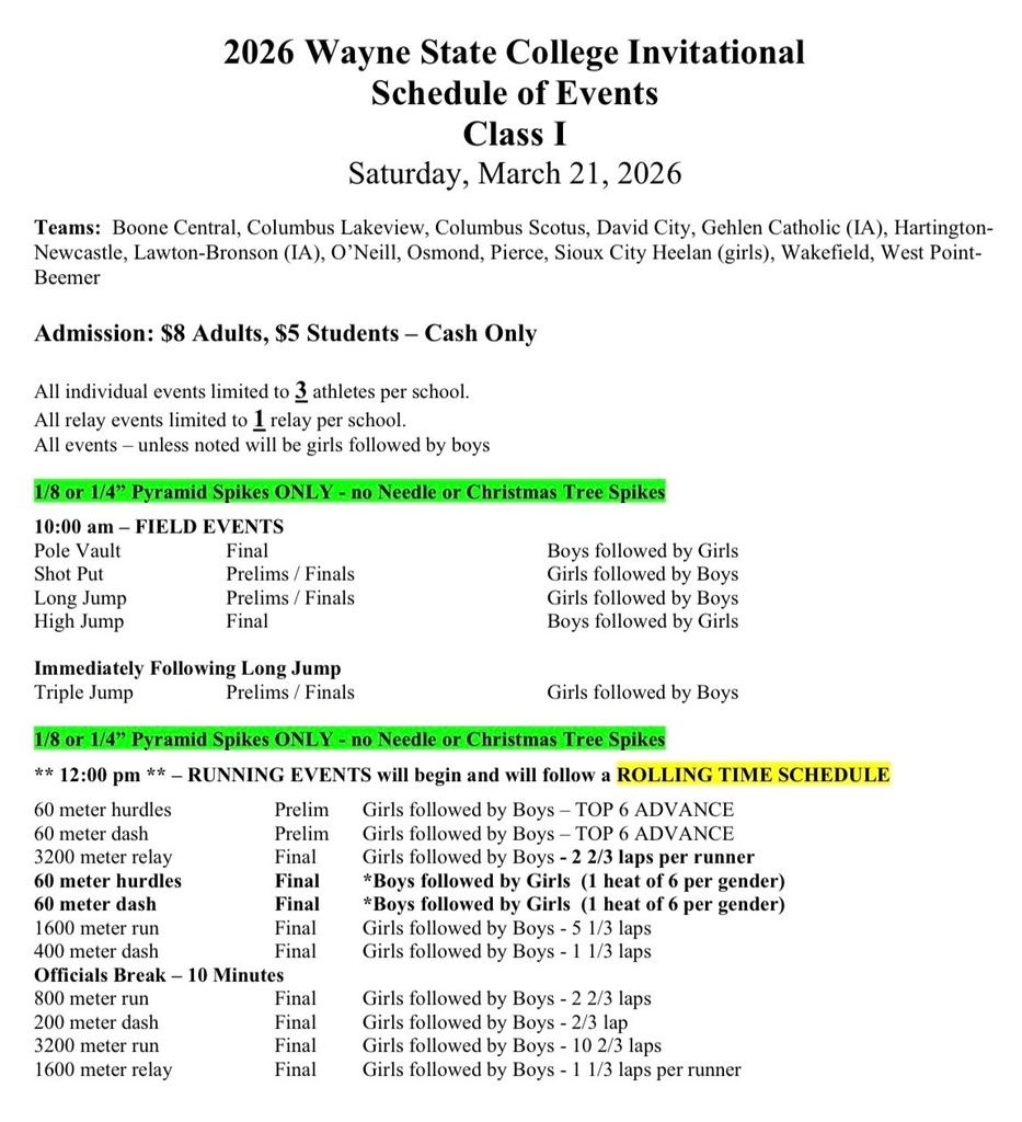 HS Track Meet Schedule @ Indoor Wayne State College 