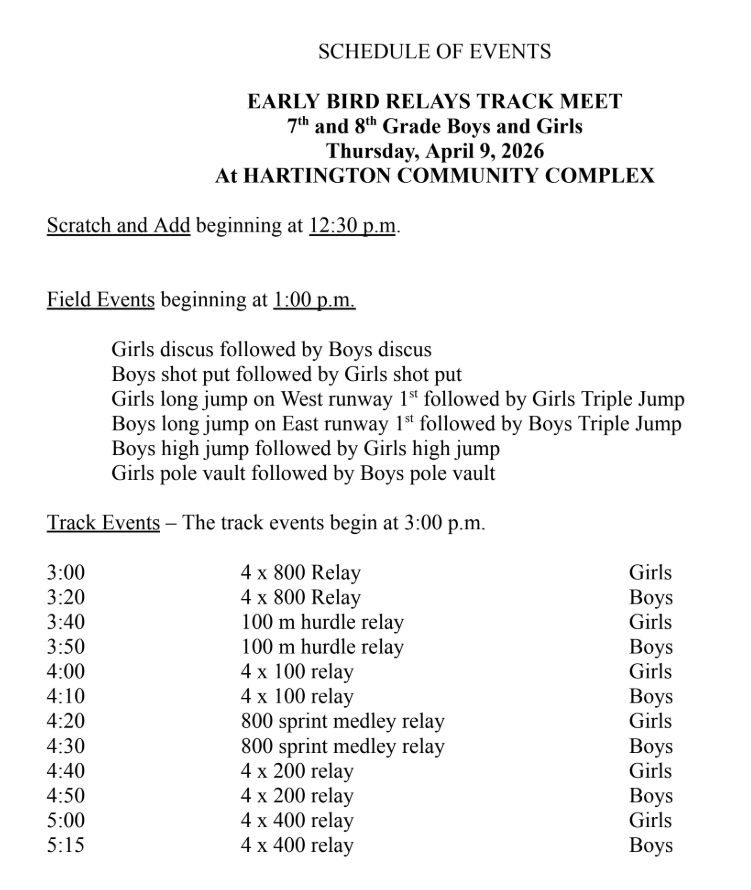 JH Track Meeting @ Hartington Schedule