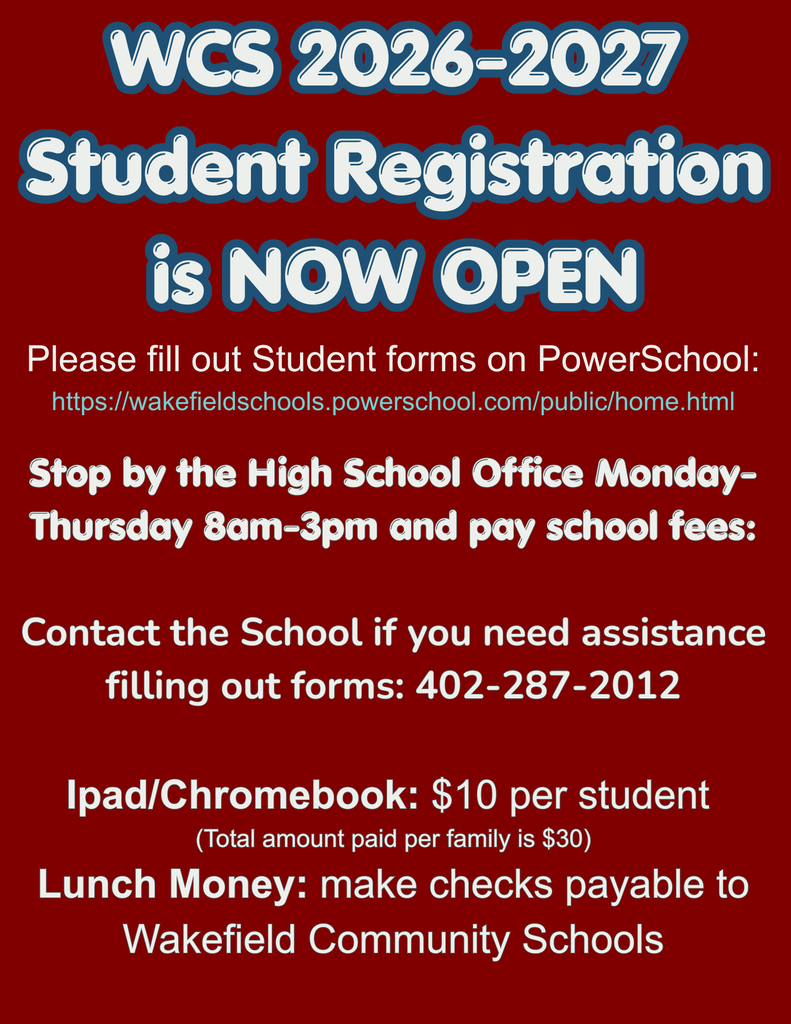 Student Registration is open! Please fill your forms out in PowerSchool and stop by the office to pay the $10 technology cost and lunchmoney