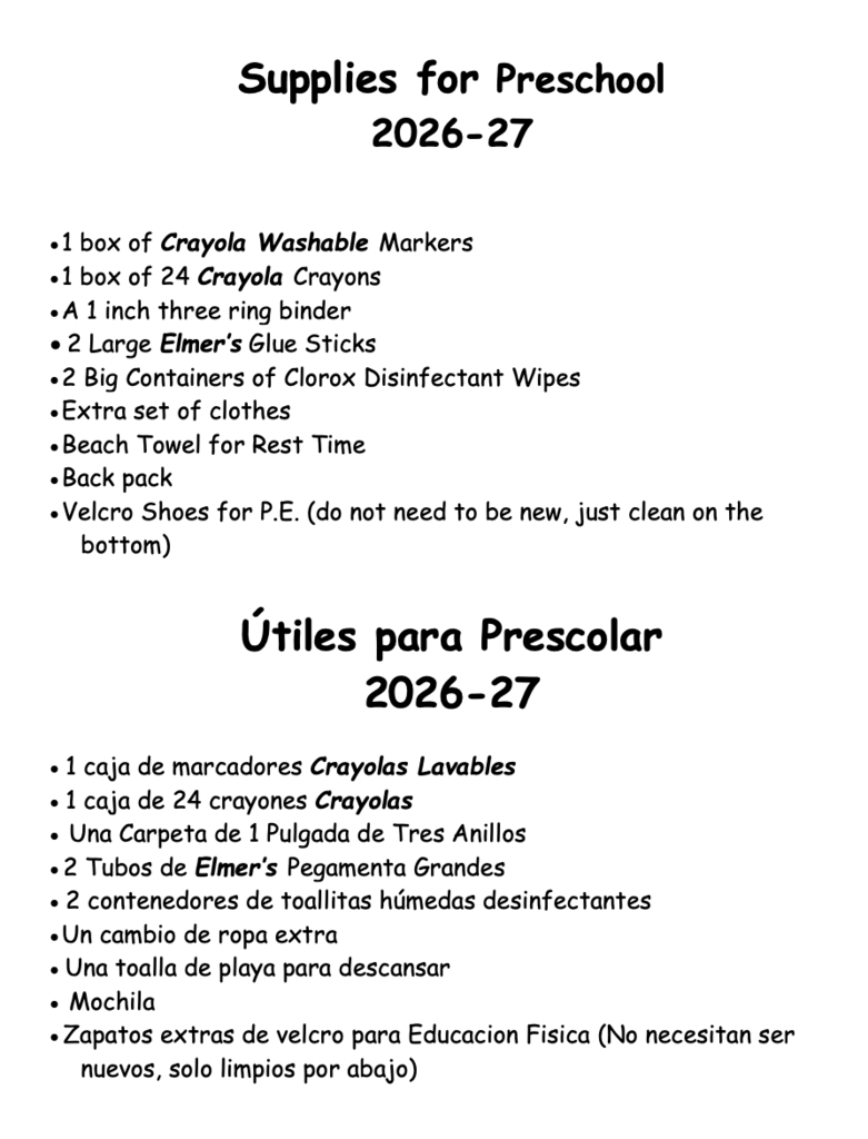 Preschool Supply List 