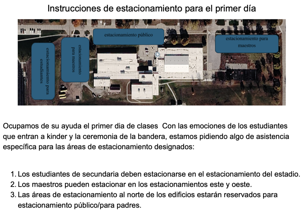 First day of school parking directions - spanish