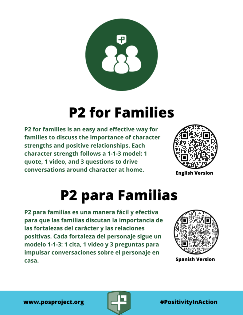 This week we are reviewing some awesome P2 strengths, including Identifying and appreciating the good in others, Humor, and Fairness. If you want to know more about any of these character strengths, check out the family resources provided by P2!