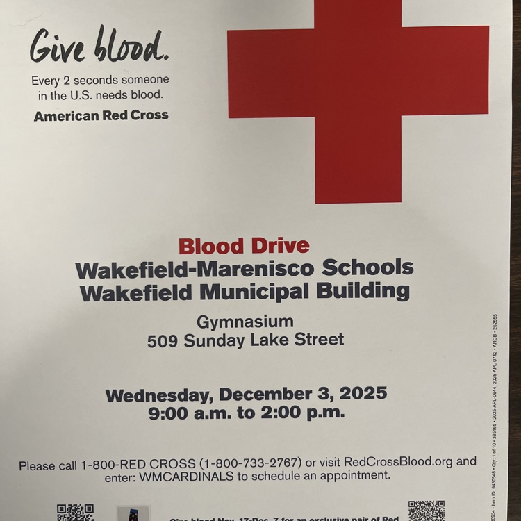 The Wakefield-Marenisco National Honor Society is sponsoring a blood drive at the Wakefield Municipal Building on December 3rd (9:00-2:00)