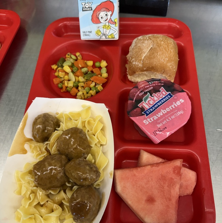 Just a reminder that school lunch is FREE! This is meatballs, butter noodles, mix vegetables, watermelon and a strawberry cup. 