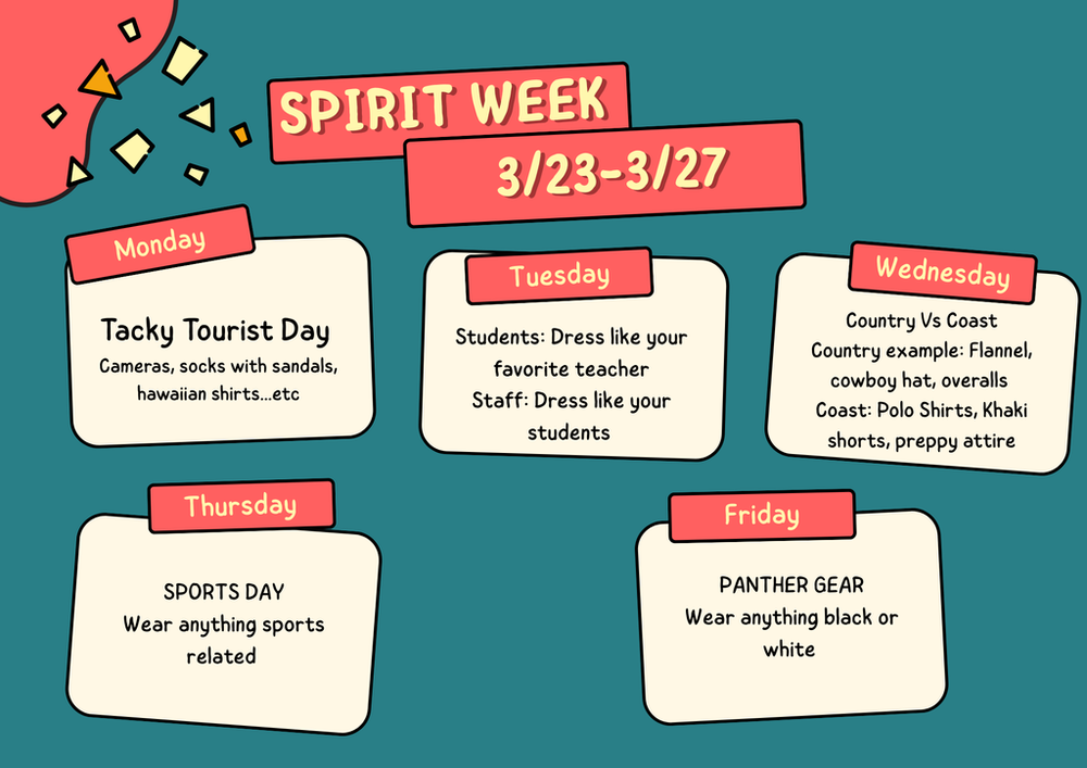 Graphic image of 5 squares with information regarding Spirit Week