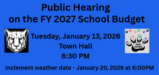 A graphic of the panther head and paw and information regarding the  public hearing and board meeting on the FY 2027 budget