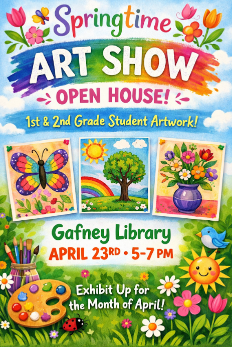 a graphic of different types of flowers, a ladybug, a paint brushes,and a paint pallet