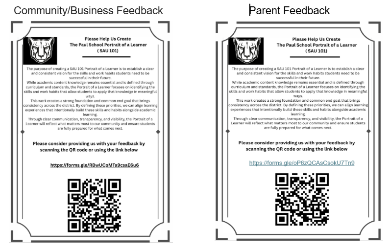 A graphic of a panther head with information regarding our Portrait of a Learner