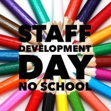 a graphic of colored pencils with the words staff development day no school