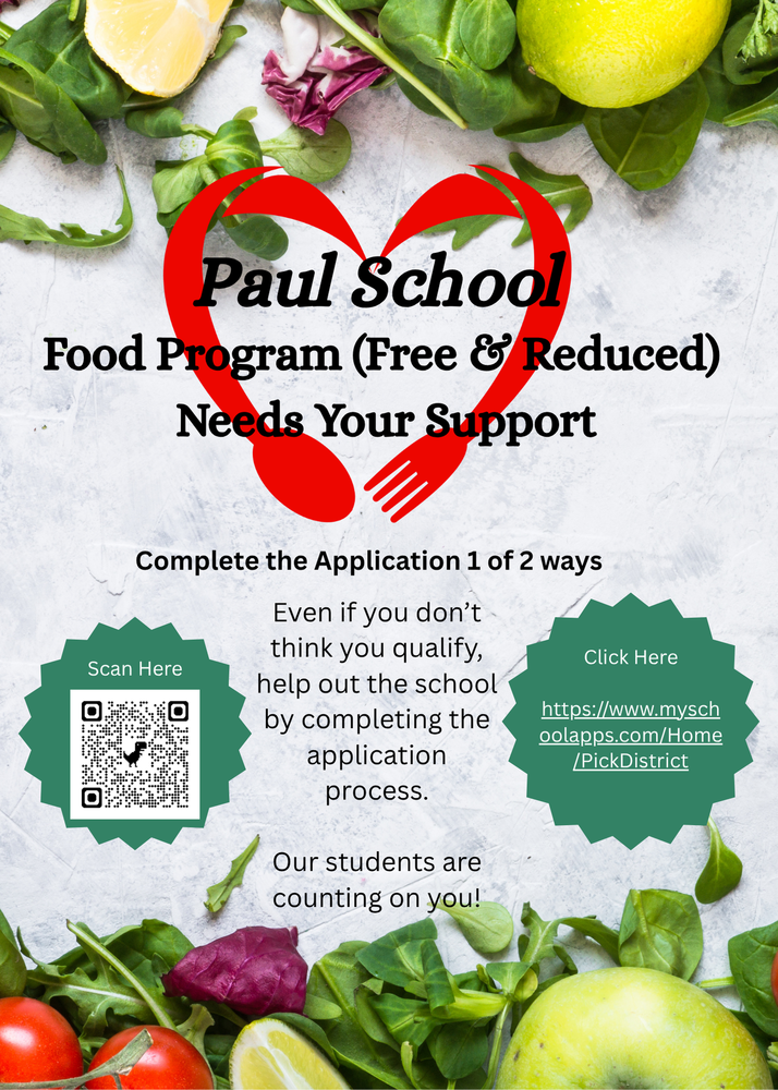 A graphic of a request for families to compete the free and reduced lunch application