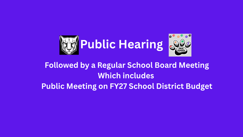 a graphic the Wakefield School District tiger face and paw with the information about an upcoming school board meeting
