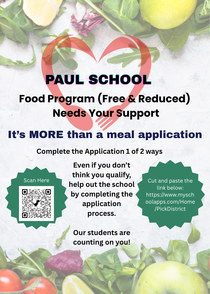 a graphic of lettuce, apples, tomatoes a heart made out of a red spoon and fork regarding applying for free and reduced lunch program -there is also a chart for how to qualify
