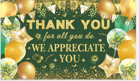 a graphic of balloons and glitter and a saying Thank you for all you do we appreciate you