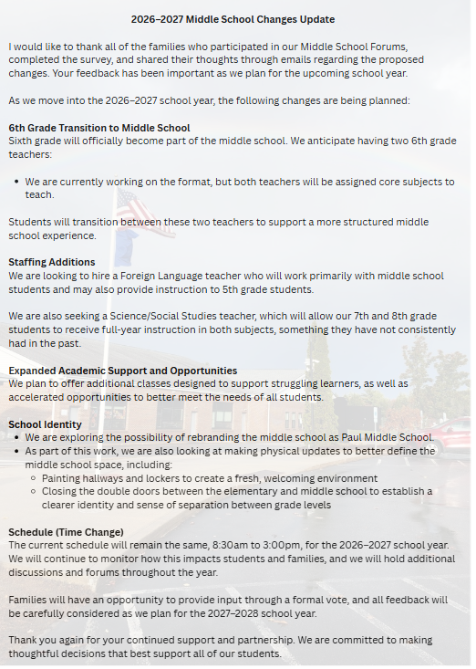 A graphic of all the changes we will be having in the middle school