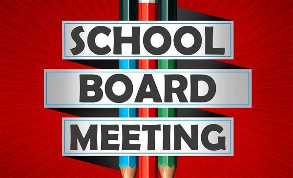 a red background with the three pencils down the middle and the words school board meeting over the pencils