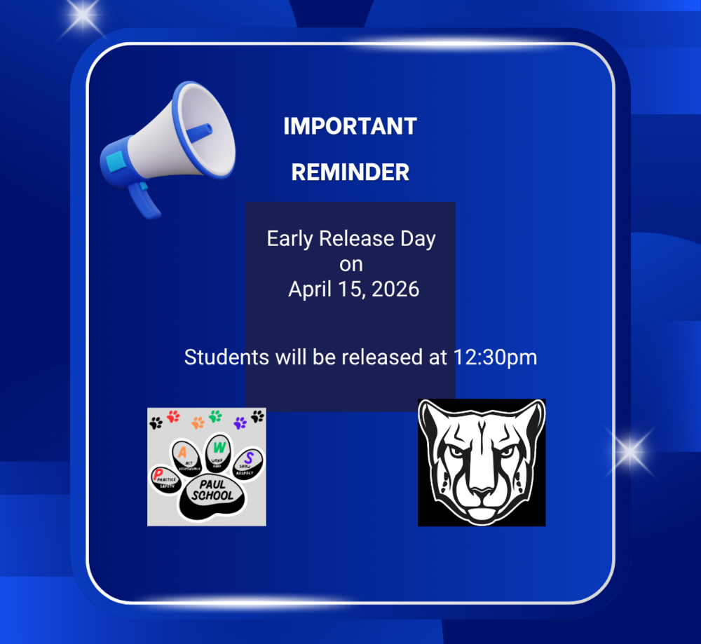 Graphic of a mega phone, the school mascot panther head and paw