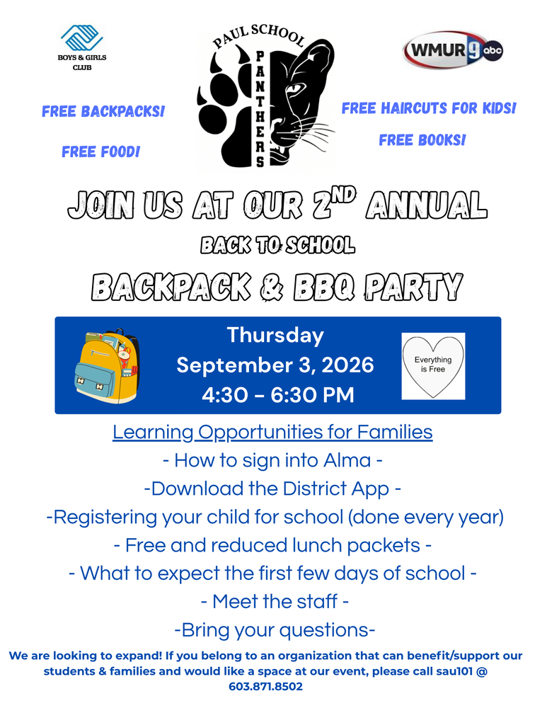 This is a graphic of our back to school backpack and BBQ Party that is going to be held on Thursday, Sept. 3 at 4:30 to 6:30. We have pictures of our logo 1/2 panther face and 1/2 panther paw, a backpack, and a heart