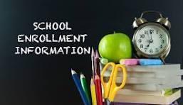 Graphic of pencils, scissors, alarm clock, an apple and books with the statement School Enrollment Information
