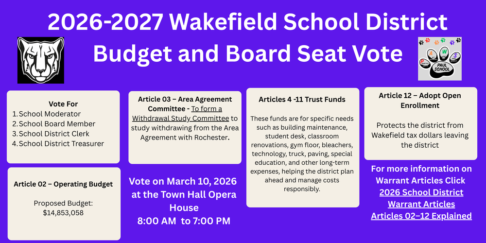 a graphic of the panther head and paw with information about the district's warrant articles