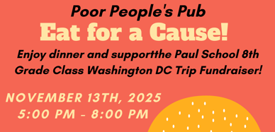 a graphic of a cheeseburger with information about the eighth grade fundraiser on November 13 from 5 to 8pm at Poor People's Pub