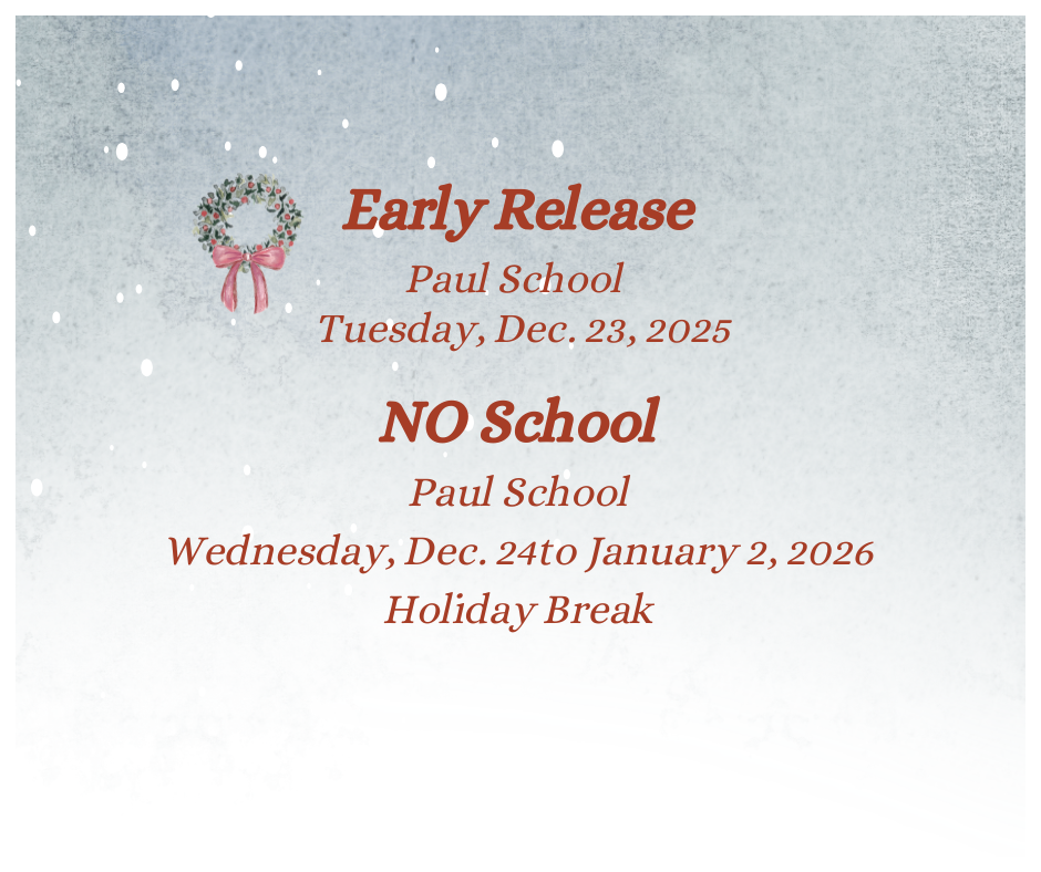 a graphic of a wreath with information regarding an early relase day of December 23 and No School  from December 23 to January 2