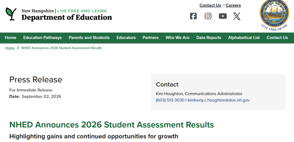 A graphic of the NH Department of Education webpage regarding their press release