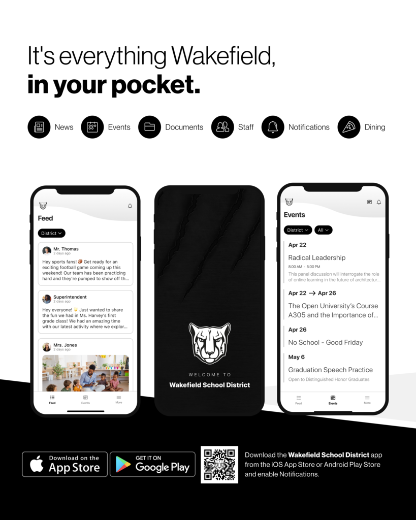 It's everything from your district  in your pocket.  News Events Documents Staff Dining Notifications Download the district's app from the ios app store or android play store and enable notifications (pictures of the app)