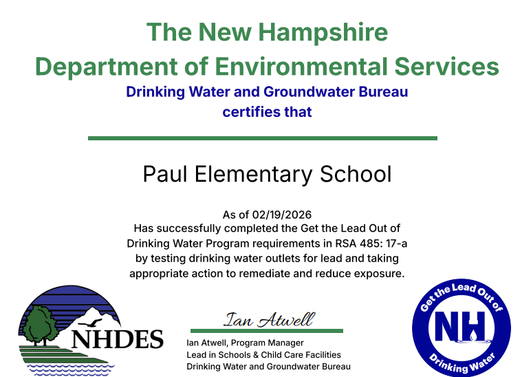 a graphic of the certificate given to Paul Elementary School for getting the lead out of schools